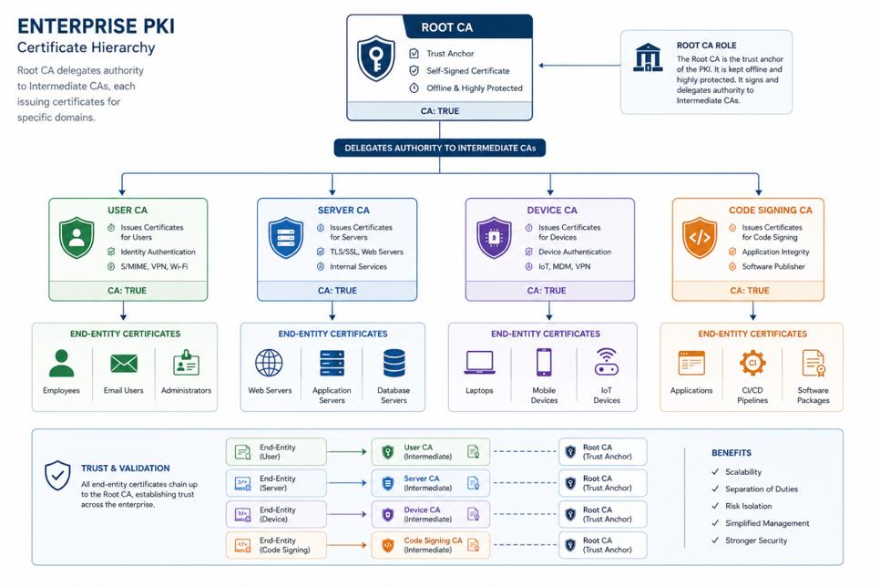 Enterprise PKI Certificate Hierarchy — Root CA delegates authority to Intermediate CAs (User CA, Server CA, Device CA, Code Signing CA), each issuing end-entity certificates for their respective domains